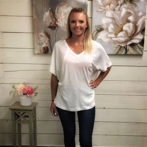 Short Sleeve V-Neck Waffle Knit Top - Off White